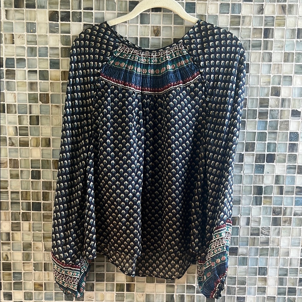 Doen Blue and White Embellished Long Sleeve Blouse